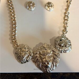 Gold Lion Head Necklace and Earring Set